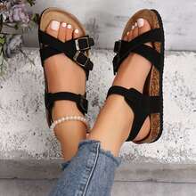 Womens Sandals Stylish Adjustable Buckle Crisscross Laces Cork Summer - 黑色 - 查看 4