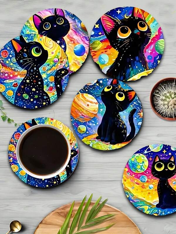 Juego de 6 piezas de posavasos de madera con forma de gato y base de corcho, con soporte negro - Posavasos para mesa de café, apartamento, bar de madera, tazas y tazas