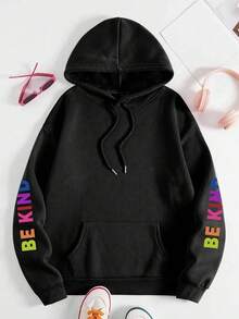 Plus Size Women's Casual Letter Pattern Sweatshirt, Suitable For Autumn/Winter, Available In Full Size Range Black Spring - Black - View 5