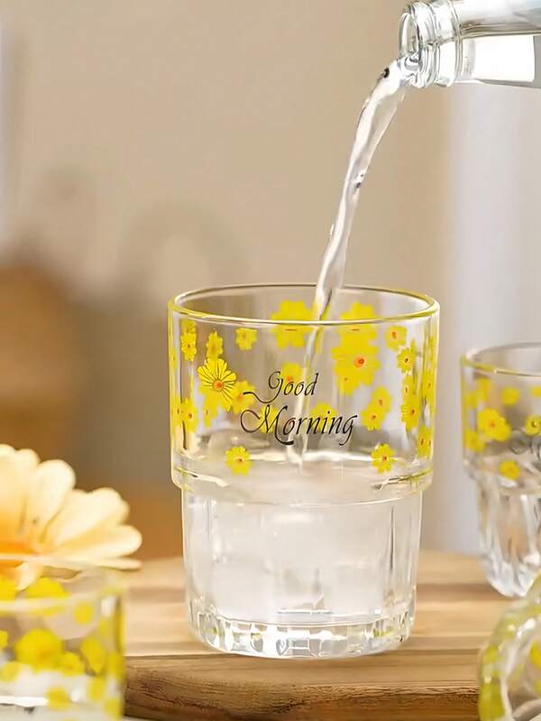 Ins-Style Minimalist "Good Morning" Glass Cups High Transparency Glass With Greeting Print Perfect As Milk/Cold Drink/Juice/Sparkling Water Cups, Office On-The-Go Use. Suitable For Daily Use, Kitchen, Office, Gatherings. Ideal Holiday Gifts.
