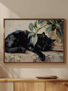 1pc Vintage River Carp Canvas Posters Funky River Fish Landscape Wall Art Rustic Koi Aesthetic Prints Painting, Black Cat Wall Art Sleeping Cat With Plant Picture Canvas Posters Cute Animals Wall Art