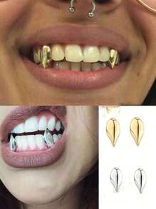 个性化金属尖牙饰品，朋克嘻哈牙齿装饰，派对、夜总会、节日舞台道具，男女通用可调节尺寸，附带牙蜡用于固定