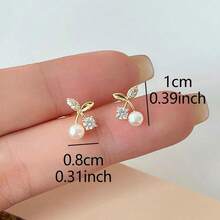 Pendientes de botón con diseño de cereza decorados con strass y perlas falsas - Dorado - Ver 5