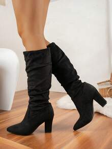 弹力针织尖头高跟高筒靴，新款秋季高跟度假风女靴，褶皱设计，拉长腿部线条，音乐节靴子，百搭切尔西靴，舒适的布质靴子 - 黑色 - 查看 4