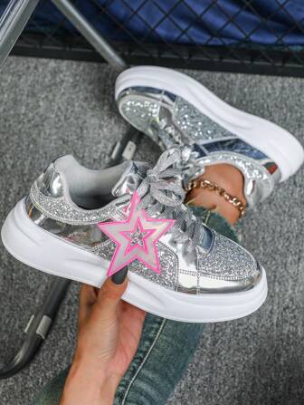 Zapatos de skateboard para mujer con suela exterior cómoda y duradera, puntera redonda con cordones, decoración de estrella de cinco puntas de piel sintética brillante con lentejuelas y parches, adecuados para vacaciones, actividades al aire libre, viajes diarios y deportes casuales de pareja