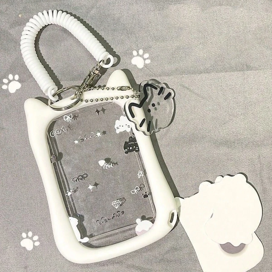 Cute Cat Design Card Holder With Keychain, Perfect For Student Bus Card, Subway Card And Campus ID Card - Durable And Stylish Document Protector, Student Accessories | Silicone Case - Color - View 1