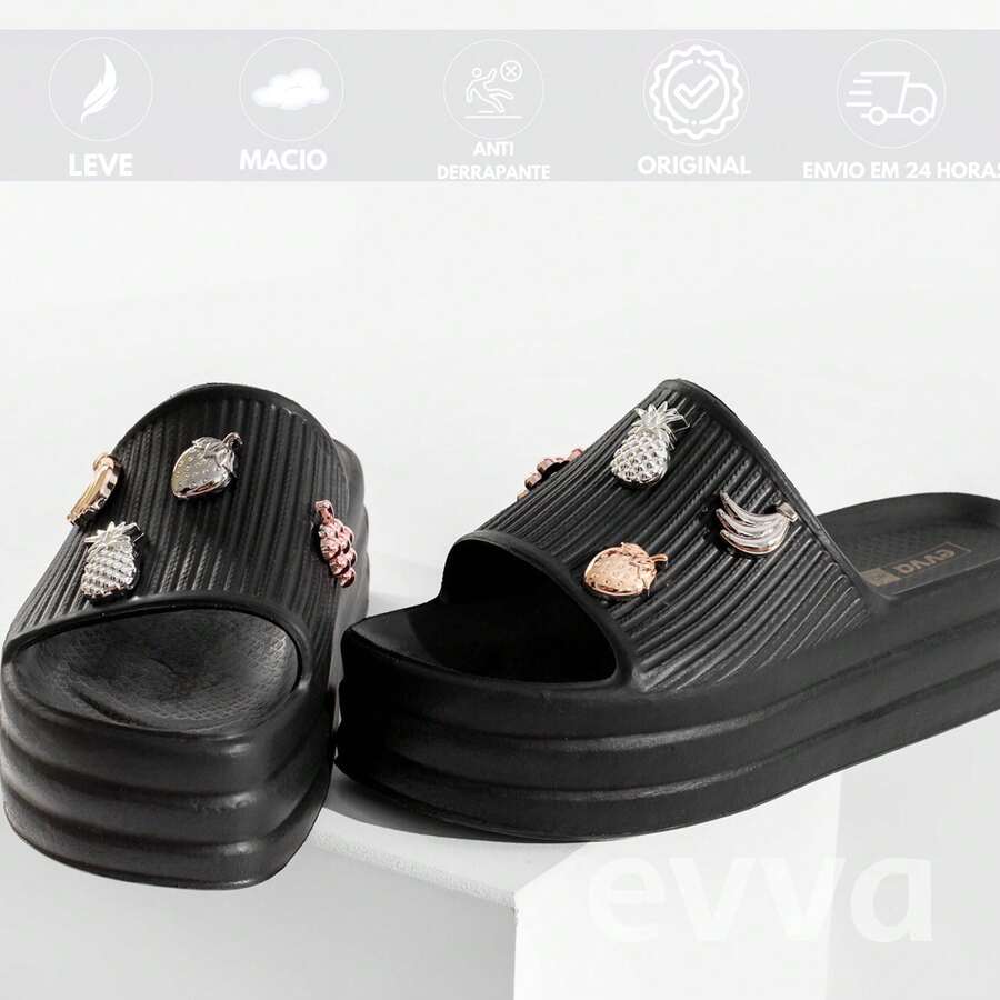 EVVA HIT Cloud Slide Flip Flops Comfort And Style - Original With Exclusive Pins Comfortable Women's Flip Flops For Everyday Simple Casual Appliques Holidays - 黑色 - 查看 1
