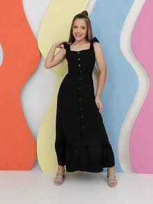 Vestido Midi Juvenil Feminino Elegante para Menina e Adolescente – Roupa Confortável, Moderna e Estilosa com Babado e Botões, Ideal para Primavera, Verão, Festas e Passeio - Preto - Visão 3