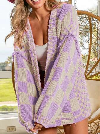 Open Front Mixed Checkered Pattern Knit Cardigan