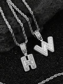 1 pieza Colgante de lujo de circonita cúbica plateada con collar de acero inoxidable, adecuado para uso diario de hombres y mujeres, collar con diseño de letra para parejas, regalo del Día de San Valentín