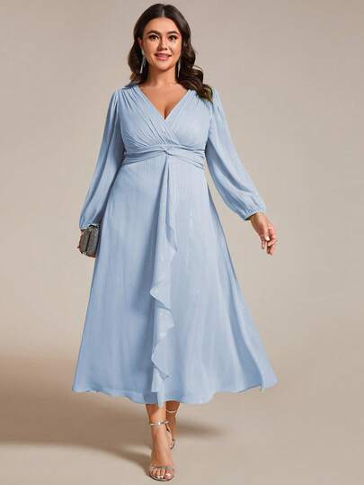 Plus Size Elegant Ruffle Twist Detail Long Sleeve Formal Bridesmaid Dress, Blue, Wedding Guest Dress, Autumn/Winter Spring Party