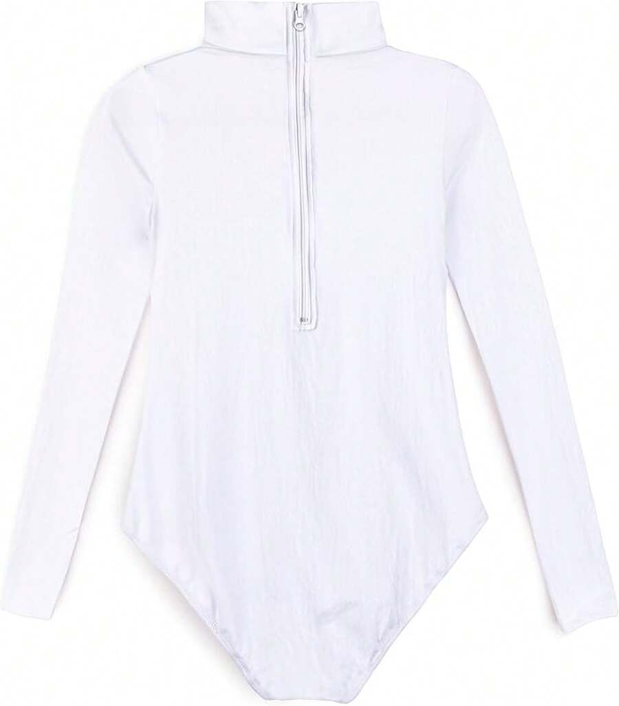 Girls' Basic Turtleneck Long Sleeve Leotard With Durable Snaps, Front, Zipper Back