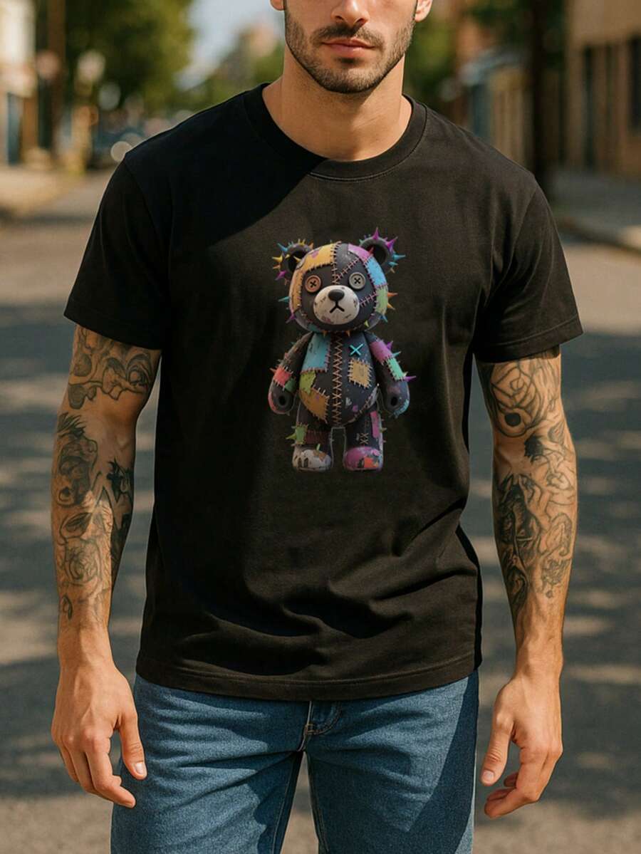 Men's Cartoon Bear Print T Shirt Graphic Crewneck Short Sleeve Tee Tops - 深灰色 - 查看 1