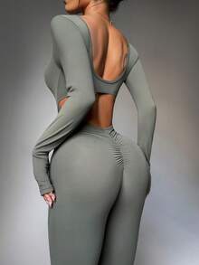 FWH Fashionable Outdoor Yoga, Pilates, Commuting, Dating, Layering Essential Item. This Stretchy Sexy Jumpsuit Features Ruched Butt Design, Lifting And Slimming Effect, Removable Built-In Bra, Long Sleeves, Elegant Back Design, High-End Flared Leg, High-Waisted Tummy Control, Brightening And Radiant.