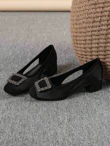 Square Toe Chunky Heel Women's Shoes, Versatile Rhinestone Button Slip-On Flats, Fashionable Mule Shoes, Black High Heels, Women's High Heel Pumps, Run Large, Size 35-43