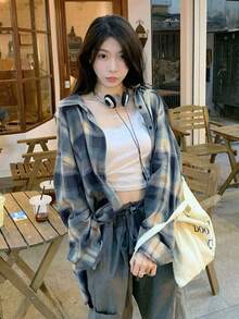 休闲格纹落肩宽松衬衫，秋季 - 藍色 - 查看 4