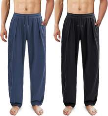 ESTAMICO Men's Cotton Linen Casual Yoga Pants Loose Fit Elastic Drawstring Waist Summer Beach Pant - Đen + xanh navy (Gói 2) - Xem 1