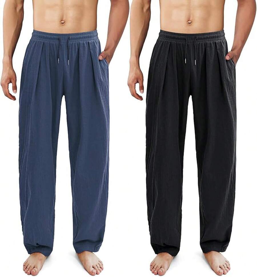 ESTAMICO Men's Cotton Linen Casual Yoga Pants Loose Fit Elastic Drawstring Waist Summer Beach Pant - Đen + xanh navy (Gói 2) - Xem 1