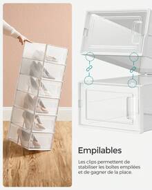 SONGMICS Boîtes à chaussures, Lot de 18, Rangement chaussures, pliable, pour pointure jusqu'à 46, Transparent et Blanc - Gris - Voir 3