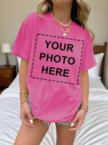 Customizable Cream Yellow Personalized Women's T-Shirt - Add Your Own Photo/Text (Family Photo/Selfie/Slogan/Journal), Design Your Own Custom Printed T-Shirt, Fashionable, Hip-Hop, Unique Women's Clothing, Can Be Given As A Gift To Your Girlfriend, Family, Friends, Children, Unleash Your Design Creativity. - Hot Pink - View 3