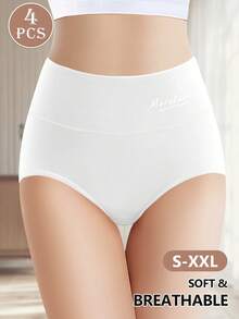 MEIYATING 4pcs Women High Waist Tummy Control White Cotton Letter Print Briefs - White - View 3