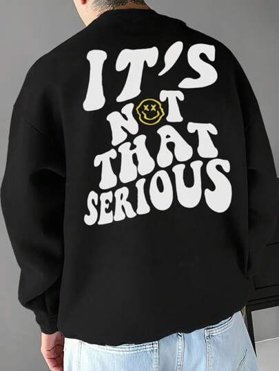 بلوزة رجالية كاجوال للخريف/الشتاء بطباعة شعار "ليس الأمر جدياً" أساسية بياقة طاقم باللون الأسود