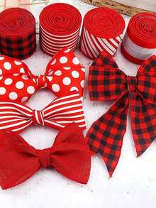 1Roll Ribbon Christmas Tree Wire Ribbon Satin Striped Edge Wrapping, Suitable For Crafts DIY Party Garden Home Wreath Bow Decorations Red And White