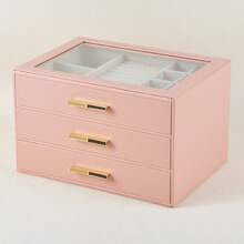 女士珠宝盒，玻璃盖珠宝收纳盒，带 3 个抽屉，可收纳项链、戒指、耳环、手镯等圣诞礼物