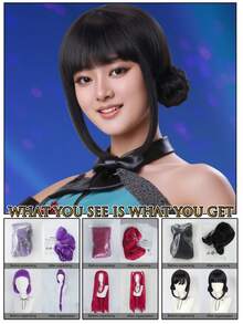 Parrucche da cosplay per donne Megastars, parrucche sintetiche resistenti al calore senza colla per feste di Ognissanti, capelli rossi lisci extra lunghi con 2 code di cavallo e capelli finti viola ultra lunghi con treccia rimovibile con molletta, capelli neri lisci corti con doppio chignon, alta densità, aspetto naturale, adatte per principianti, ideali come regali per vacanze, concerti musicali, compleanni, Natale