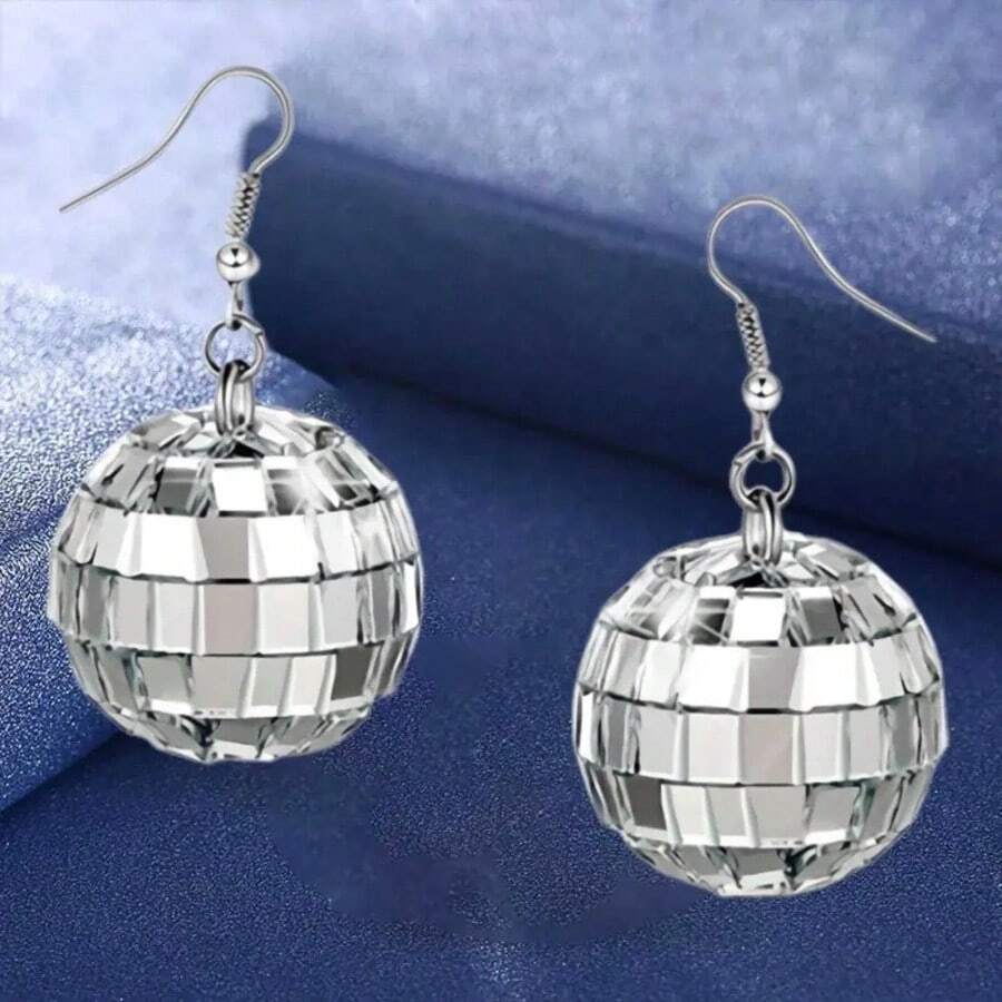 1 Pair 2-3CM Glass Mirror Ball Earrings, Disco Silver Vintage Lamp Earrings, Party Gifts Suitable For Women Holiday Wear