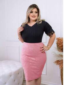 AVI Moda Crista Stylish Double Waist Knit Pencil Skirt For Parties And Everyday Wear - Coral Pink - View 2