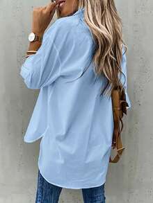 Plus Size Women Cuffed Sleeve Casual/Work Solid Color Collared Shirt - Blue - View 2