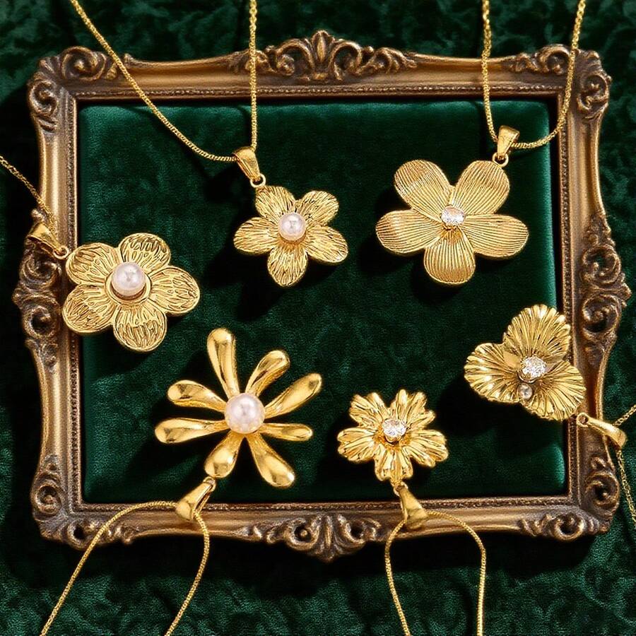 1 Stück modischer und einzigartiger 304 Edelstahl 18k vergoldeter Anhänger Halskette mit künstlichen Strass, Perlen und Vintage Blumen, runde Schlangenkette, Damen Edelstahl Schmuck Halskette, Geschenk für Frauen - Goldgelb - Übersicht 1