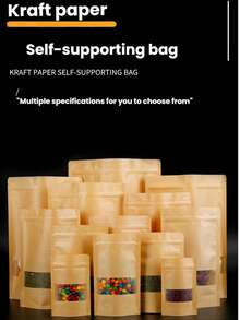 50pcs - Self-Sealing Kraft Paper Bags, Stand-Up Pouch With Matte Window & Tear-Notch, Resealable Storage Bags For Snacks, Party Favors, Gifts, And Crafts. Perfect For Trail Mix, Halloween, Christmas, Thanksgiving, And Fall Supplies – Versatile & Reusable!