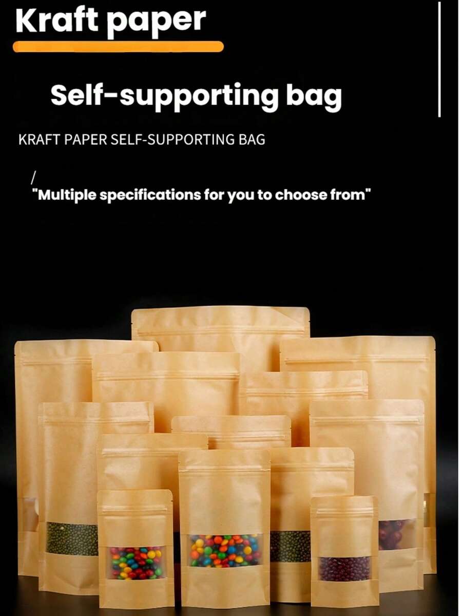 50pcs - Self-Sealing Kraft Paper Bags, Stand-Up Pouch With Matte Window & Tear-Notch, Resealable Storage Bags For Snacks, Party Favors, Gifts, And Crafts. Perfect For Trail Mix, Halloween, Christmas, Thanksgiving, And Fall Supplies – Versatile & Reusable!