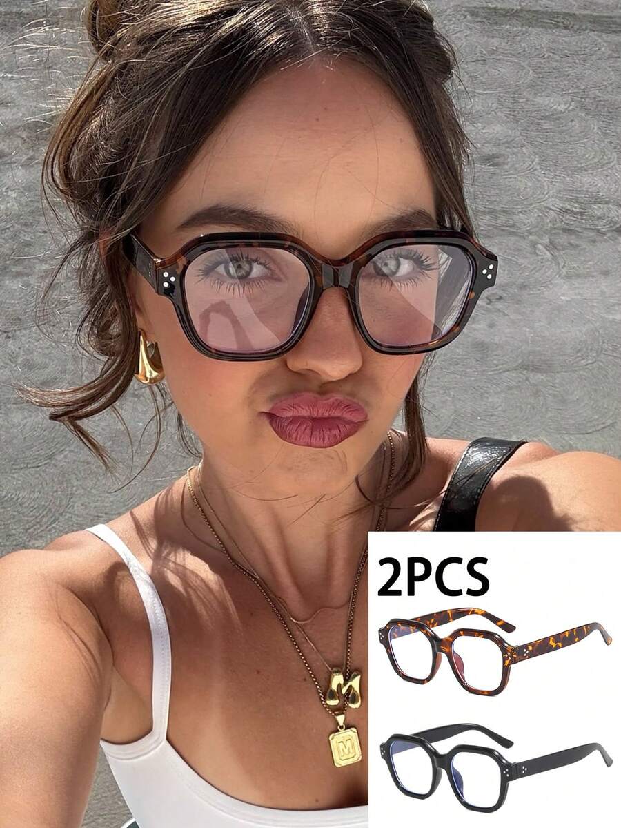 2pcs Tortoiseshell Retro Rice Nail Clear Glasses Women's Casual Fashion Glasses For Daily Reading And Work Commuting Outfits Beach Accessories Vintage Y2k Basics Business Casual Gifts - 2pc(黑色和豹紋) - 查看 1