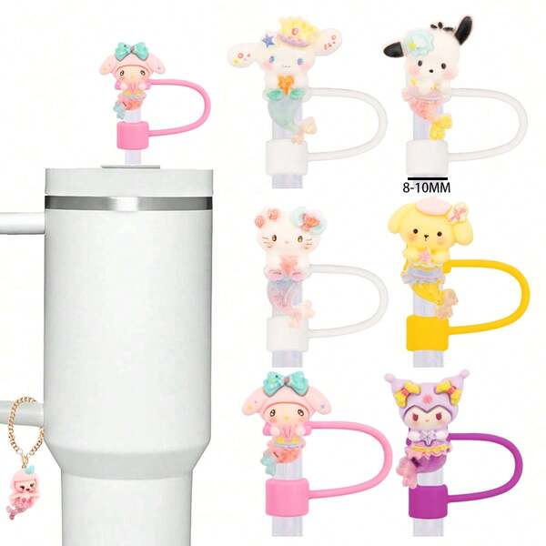 Sanrio Zestaw 9 akcesoriów do kubków z postaciami Sanrio, zawiera 6 pokrywek ze słomkami i 3 losowe łańcuszki do kubków, odpowiednie do słomek o średnicy 8-10 mm, zestaw prezentowy zapakowany w kompletne pudełko prezentowe