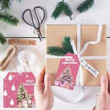 24/12 pièces Étiquettes de Noël roses à suspendre avec corde de jute, design Père Noël et cerf, étiquettes en bois pour fête de Noël, emballage cadeau DIY, décoration de vacances, sans plume, sans alimentation électrique, style aléatoire, Joyeux Noël