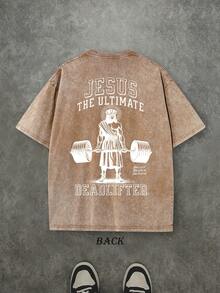 Retro Washed T-Shirt Double Sided Printed (230 Pure Cotton T-Shirt) 'JESUS THE ULTIMATE DEADLIFTER'  Letter Print, Christian Gift, Men's T-Shirt, Men's Casual, Comfortable, Fashionable T-Shirt, Street Style Cotton - 咖啡棕 - 查看 2