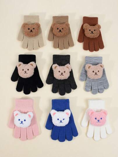 1 par de guantes de punto con diseño de oso lindo para bebés/niños, manoplas de novedad para bebés y niños pequeños, guantes de punto elásticos para niños y niñas, accesorios cálidos para otoño/invierno, adecuados para uso casual, al aire libre y para ir al trabajo