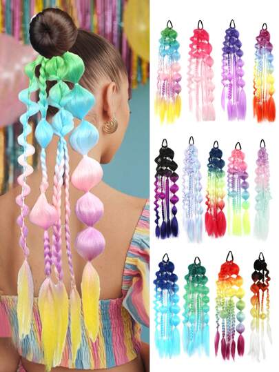 1 件长款多色编织马尾辫，黑色、紫色、粉色、蓝色、绿色、黄色、彩虹色泡泡马尾辫接发，适合女性 22 英寸环绕式马尾辫，非洲蓬松马尾辫接发，卷曲编织直发纹理发带马尾辫，适合女性日常节日派对和音乐节狂欢节新年礼物