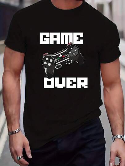 Camiseta con patrón de gamepad, camiseta casual de estilo urbano para hombres, camiseta de cuello redondo elástica para el verano