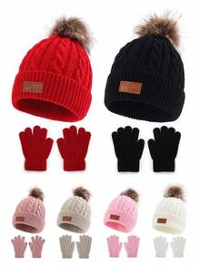 1 Set (1 Hat + 1 Pair Gloves) Kids Knit Hat With Leather Label, Autumn/Winter - 1PC - View 1