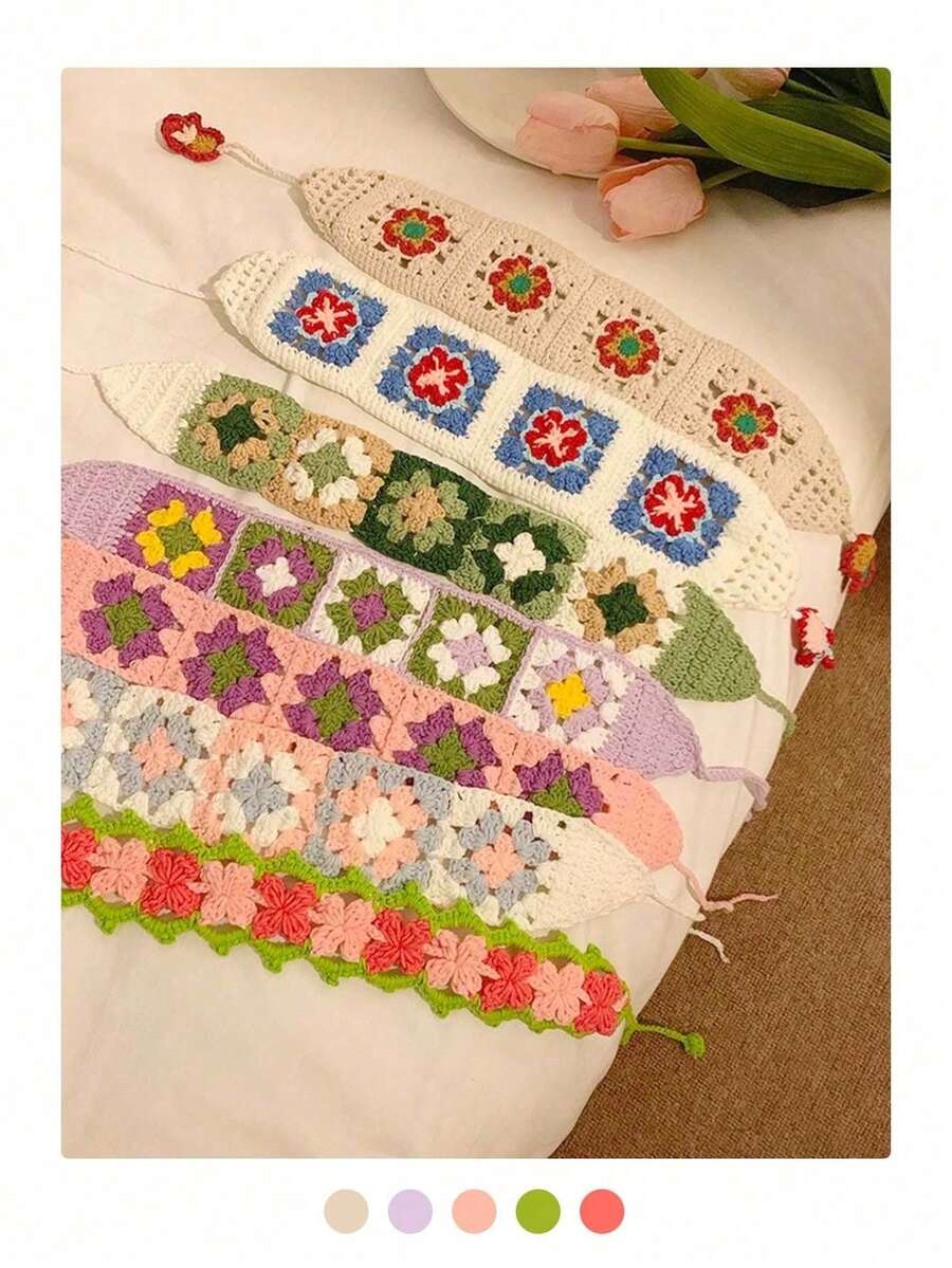 手工多巴胺镂空针织长发带女款,甜美可爱系带头箍,适合春季拍照出游ins甜美可爱风,手工钩针头箍,田园风 - 彩色 - 查看 1