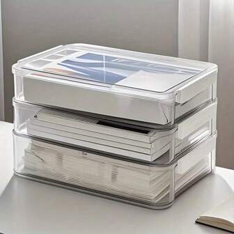 1 st. genomskinlig förvaringslåda i plast i A4-format med dammskydd, pappersorganisatör, dokumentmapp, stapelbar platsbesparande skrivbordsorganisatör för förvaring av kontors- och skolmaterial. Multifunktionell förvaringsbehållare för A4-papper, foton, dokument, klippböcker, hantverk, konstmaterial | Tillbaka till skolan-material
