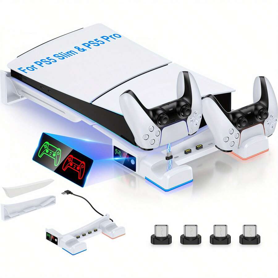 BEBONCOOL P5 Horizontal Stand For P5 Slim/P5 Pro Console, Dual P5 BEBONCOOL Controller Charger For PlayStation 5 With 4 Type-C Dongles,  Playstation 5 Accessories Stand With Ambient Light (NOT Fit 2020 Playstation 5) - 白色 - 查看 1