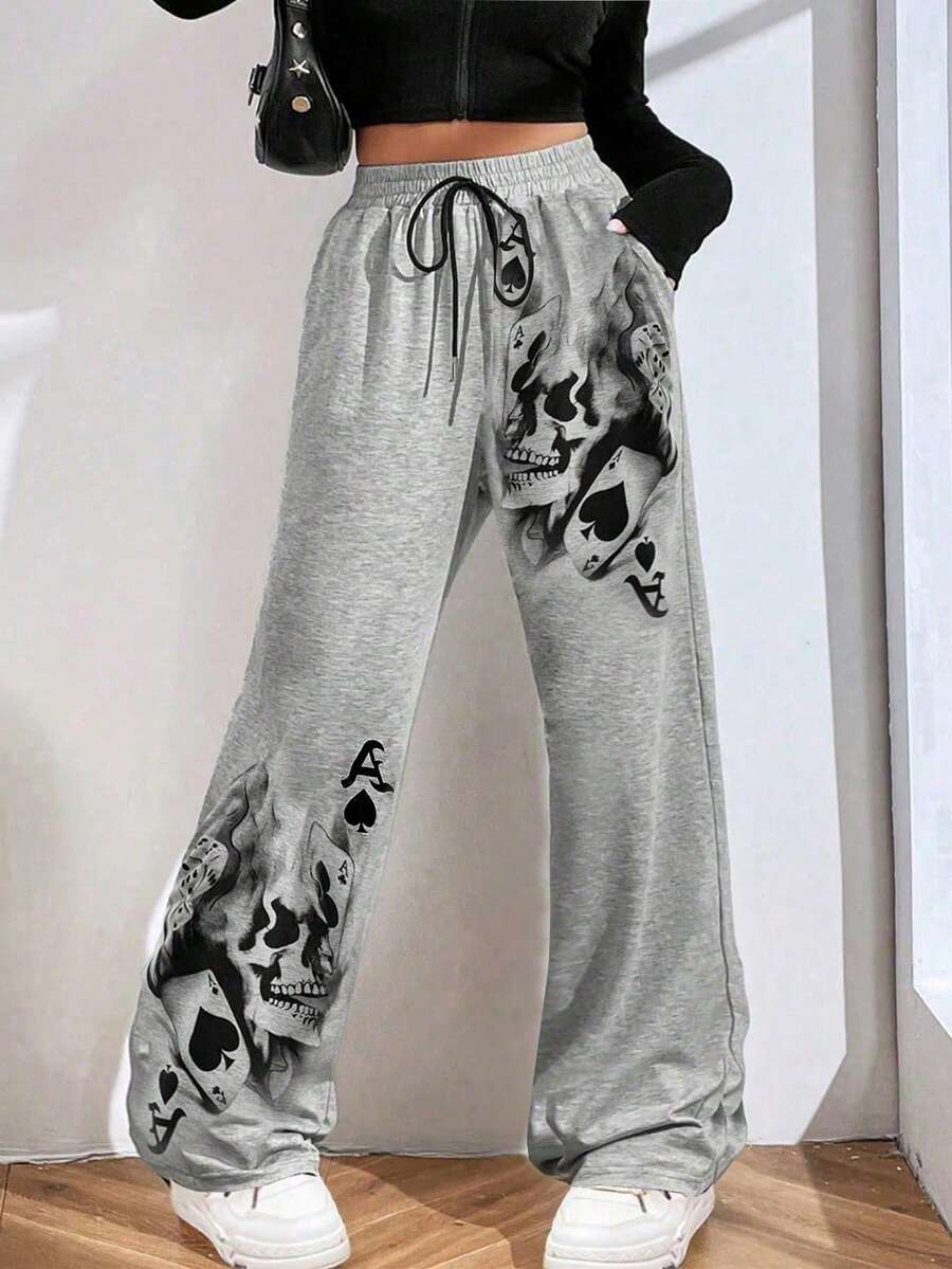 Goth Skeleton A Of Spades Pants Waist Drawstring Pants - Grey - View 1