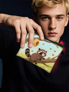 1 pieza Monedero compacto con cremallera, bolsa con cremallera de poliéster resistente y de moda, diseño de estampado gráfico de mapache lindo, ideal para guardar monedas y pequeños artículos esenciales, cierre , regalo de novedad, material duradero, fácil de cuidar, regalo festivo/navideño