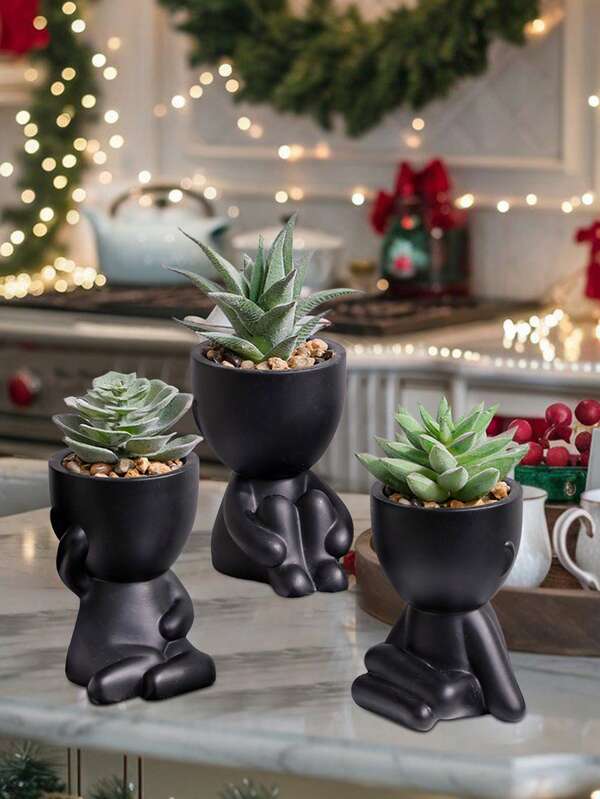 1/3pcs Artificial Succulents,Single Little Man Succulent Plant Hair Pot,Three Shapes Available,Black Vase,Cartoon Shape,PP Material,PE Material,Green,Table Decorations,Home Decorations,Garden Decorations,School,Dormitory,Office Decorations,Harvest Festival,Halloween,Christmas Decorations