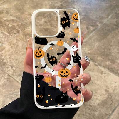 Halloween Bat Pumpkin Pattern Large Hole Magnetic Frosted TPU Frame Suitable For IPhone 17 Air/16 15 14 13 12 Pro Max/17 16 15 14 Plus X/Xs Max, Suitable For Samsung S22 S23 S24 S25 Ultra/Plus/FE/+ Acrylic Transparent Wireless Charging Anti Drop